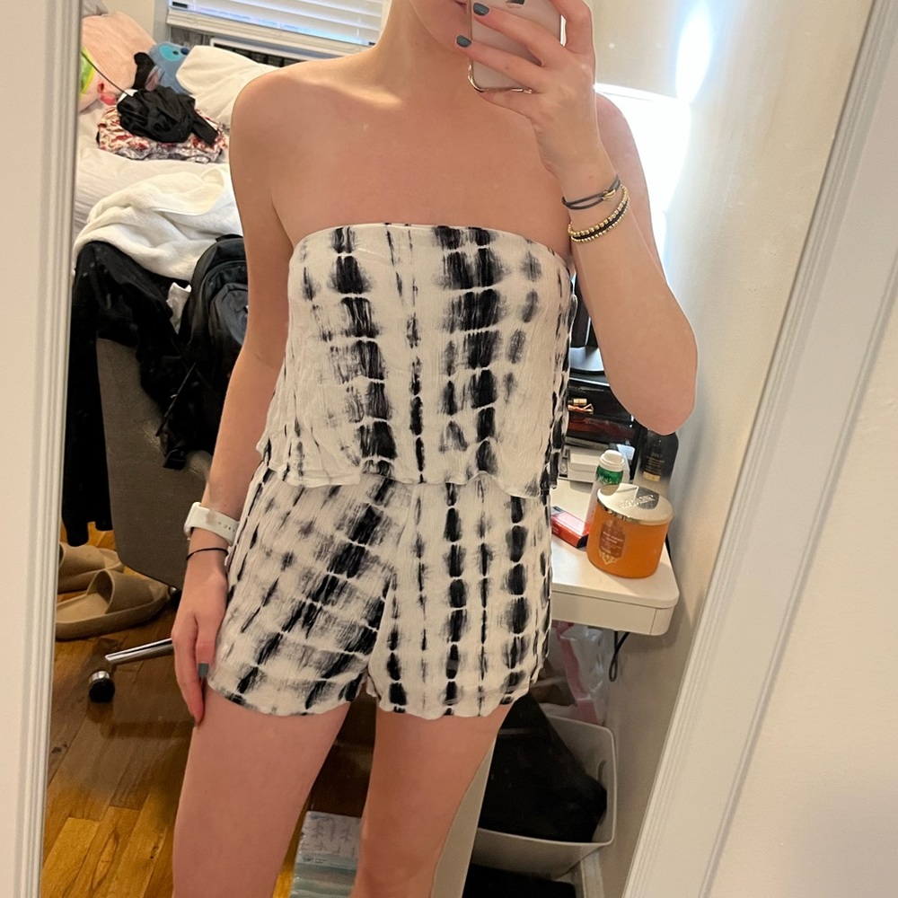 Wild Honey White and Black Tie Dye Strapless Flowy Romper